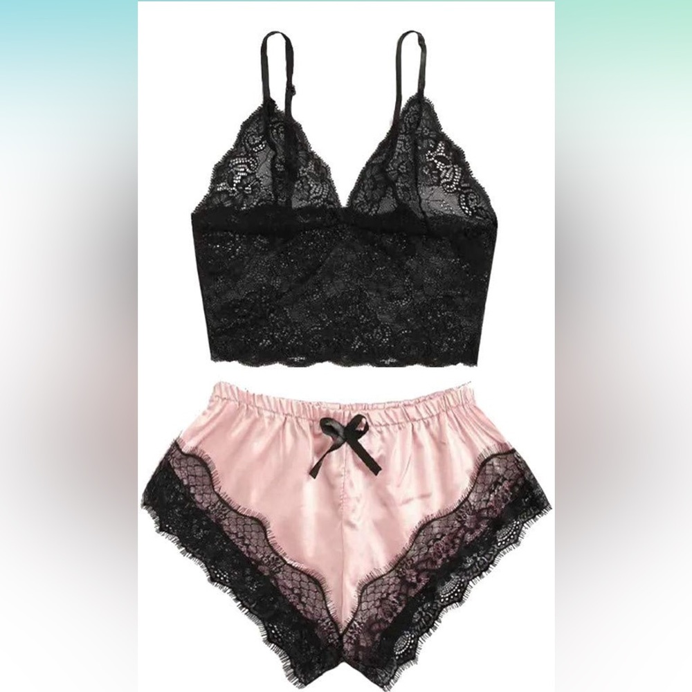 Elegant Black and Pink Lace Sleepwear Set